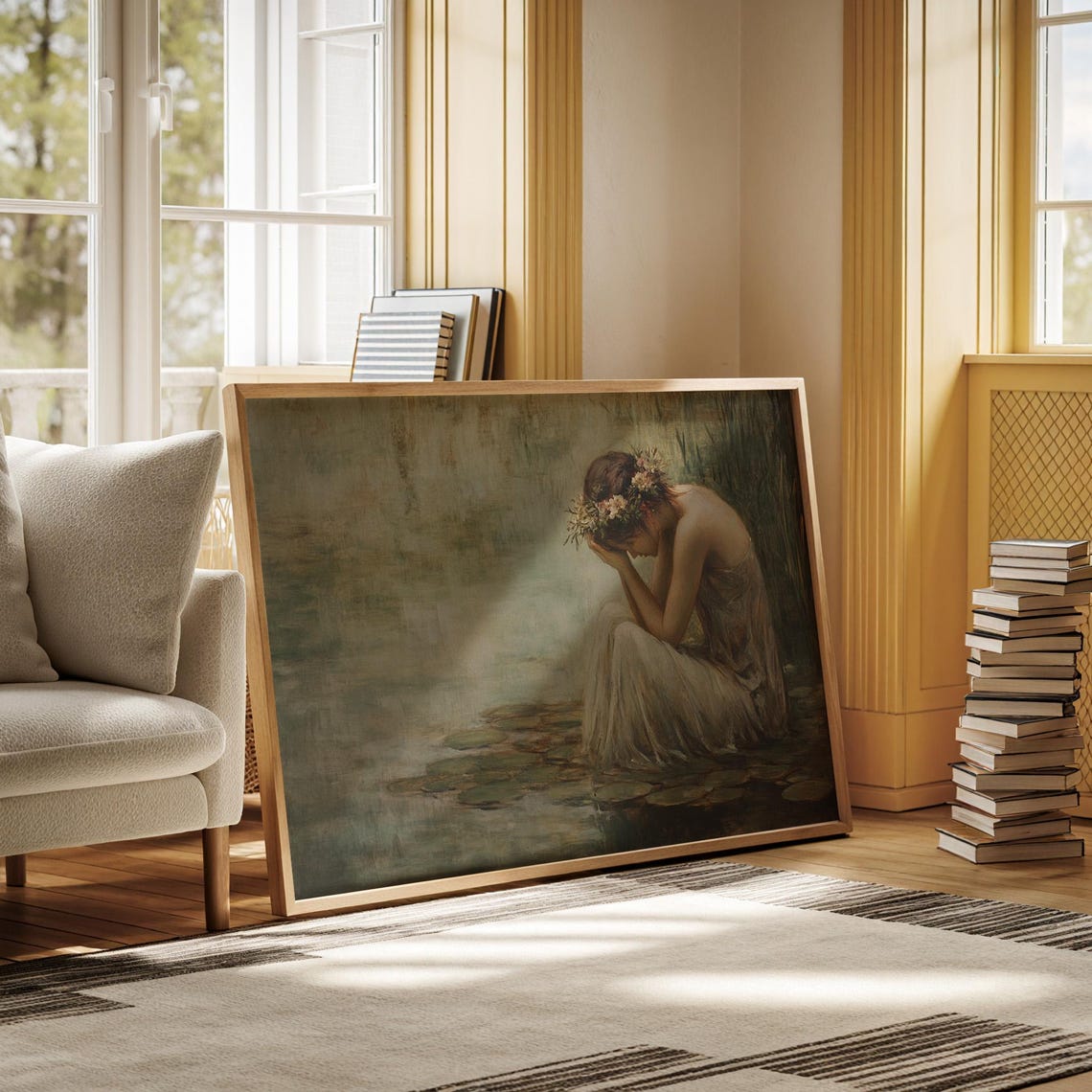 Melancholic Woman with Flower Crown Sitting Among Lily Pads Poster - Image 7