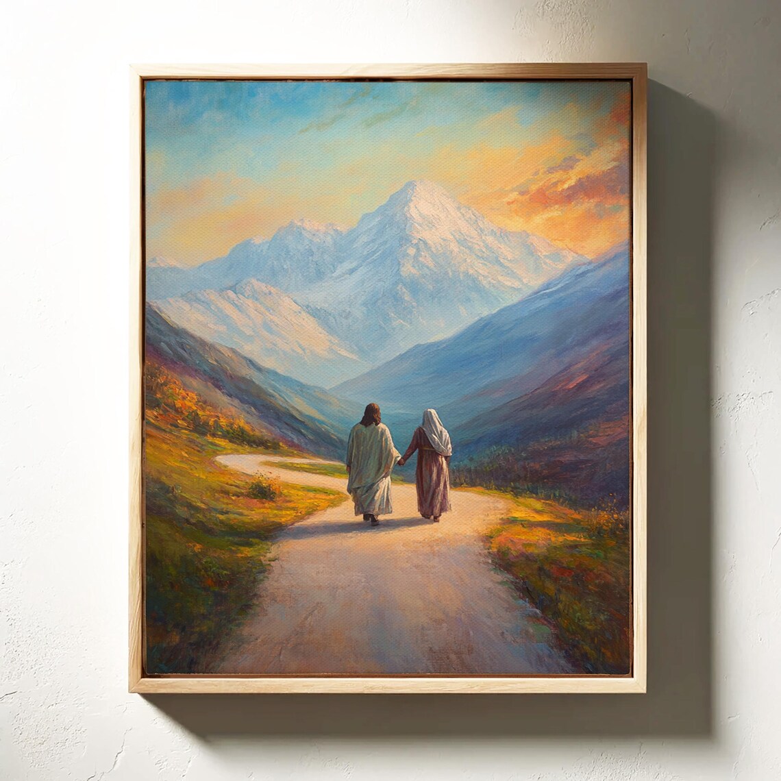 Jesus Walking With a Woman on a Mountain Path Beneath Snow Peaks Poster - Image 3