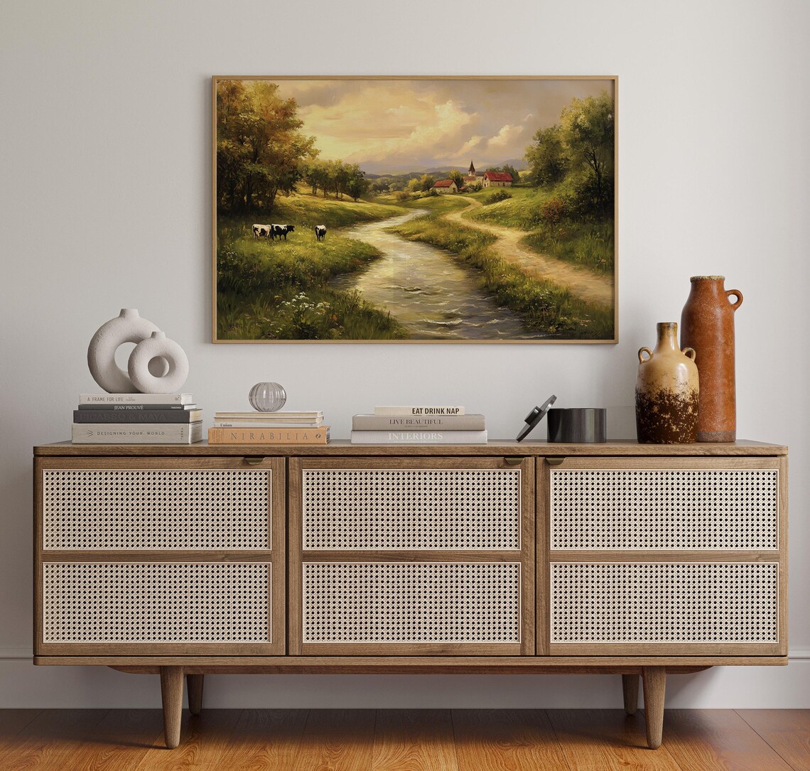 Vintage Farm River Landscape, Rustic Pastoral Scene - Image 5