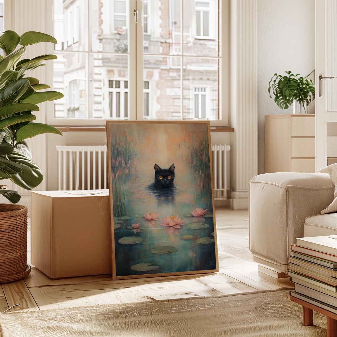 Black Cat Swimming In Water Lily Pond Mystical Feline Wall Art - Image 5