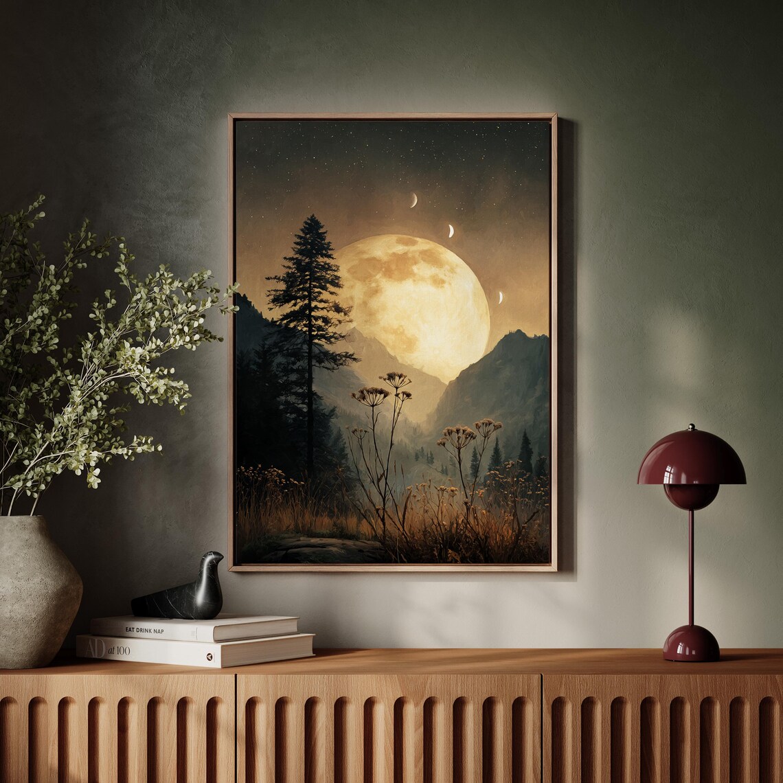 Golden Full Moon Over Mountains With Lunar Phases Night Poster