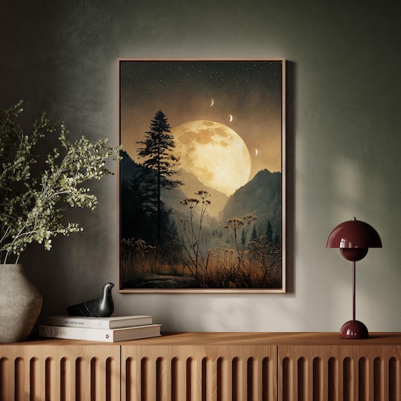Golden Full Moon Over Mountains With Lunar Phases Mystical Nature Canvas Wall Art Featuring Wildflowers And Starry Night Sky