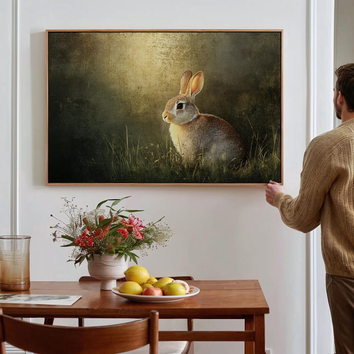 Wild Rabbit in Tall Grass Against Dark Moody Meadow Backdrop Poster
