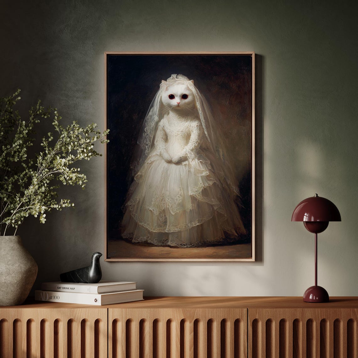 White Cat Bride in Vintage Lace Wedding Gown Portrait Art Poster