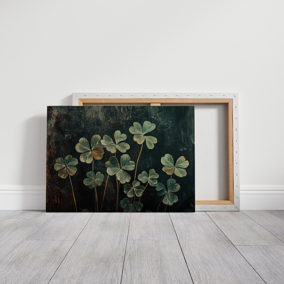 Golden Clover Leaves on Dark Moody Botanical Oil Painting Poster - Image 5