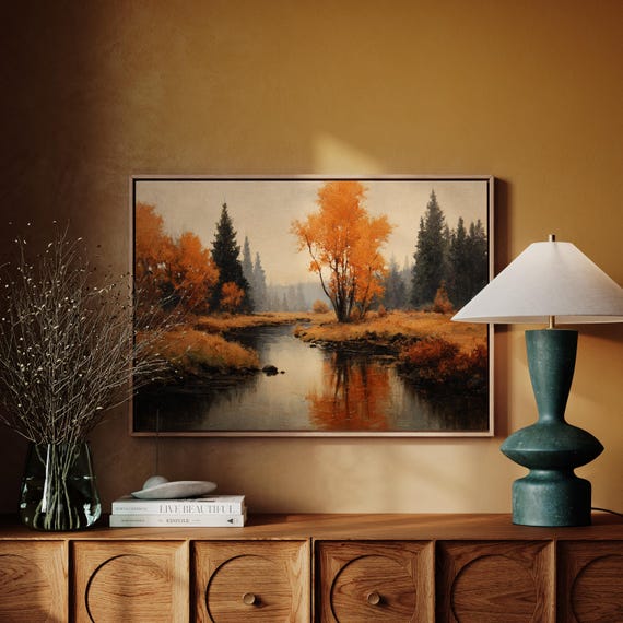 Golden Autumn Landscape Canvas Wall Art Serene River Reflection With Fall Trees Nature Forest Painting Print Rustic Seasonal Home Decor
