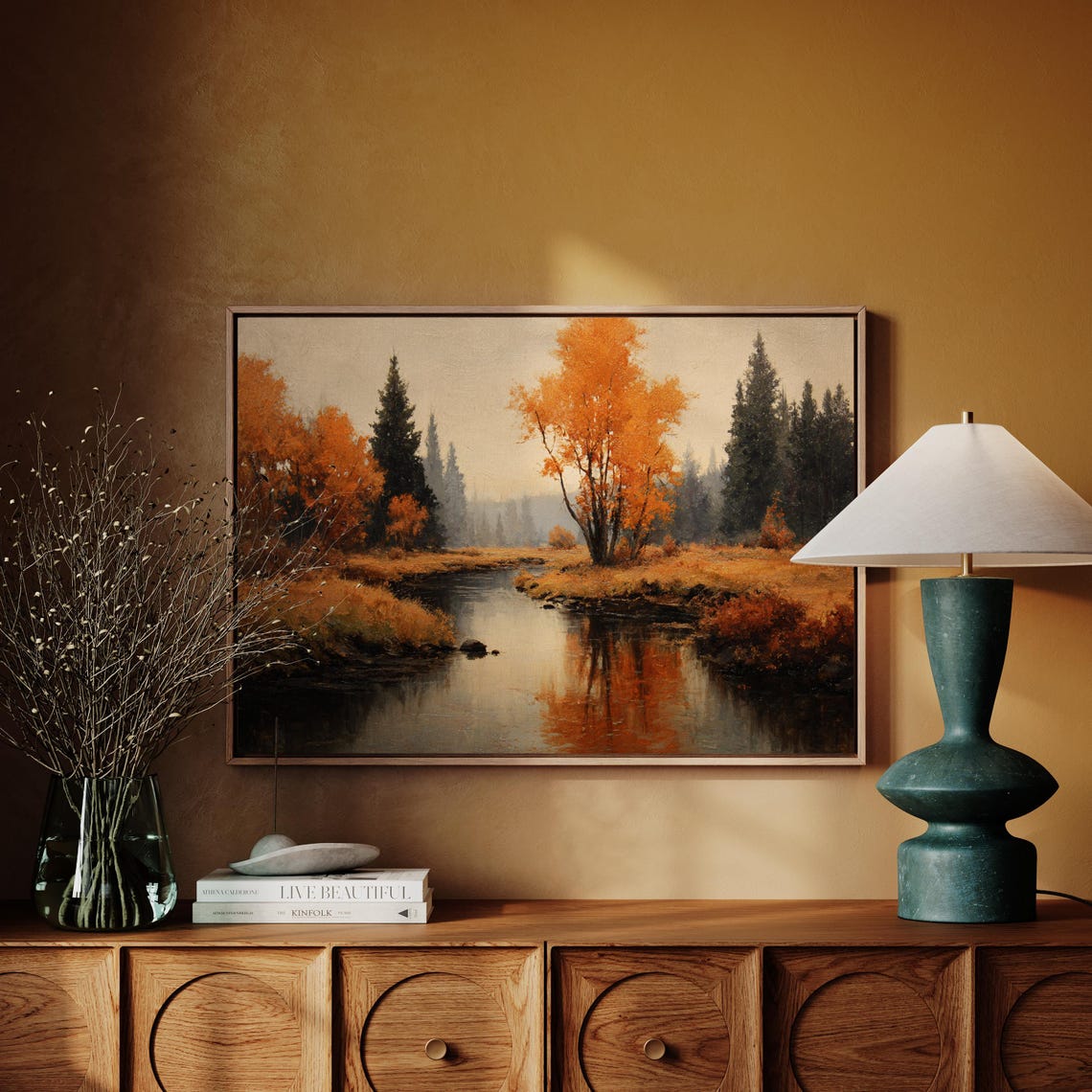 Golden Autumn Landscape Canvas Wall Art Serene River Reflection With Fall Trees Nature Forest Painting Print Rustic Seasonal Home Decor