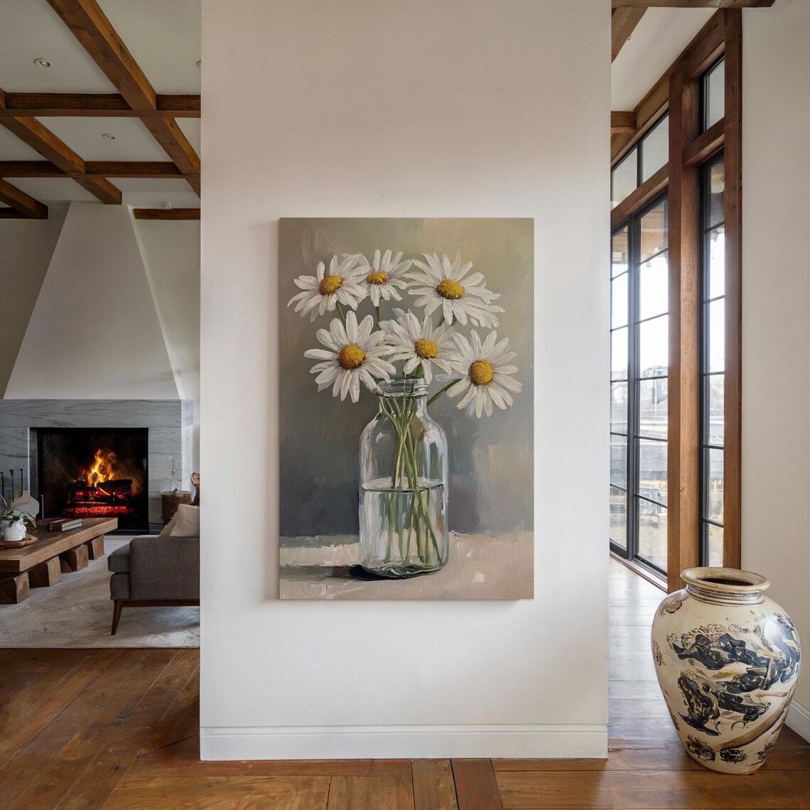 White Daisies In Glass Bottle Floral Still Life Oil Painting Poster - Image 4