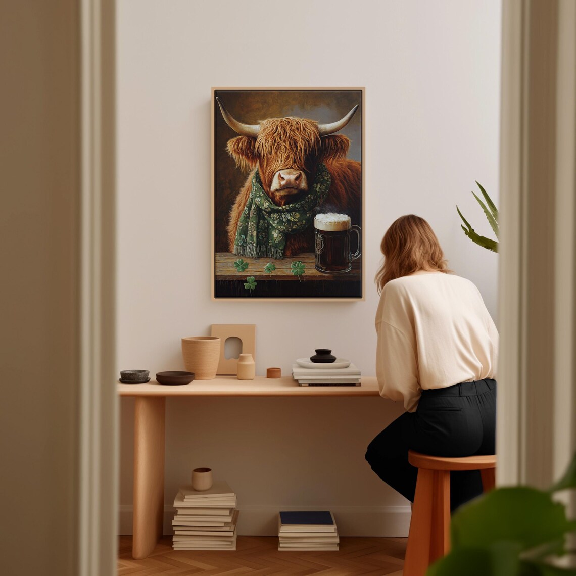 Shaggy Highland Cow Clover Scarf Frothy Beer Mug Wall Poster - Image 5