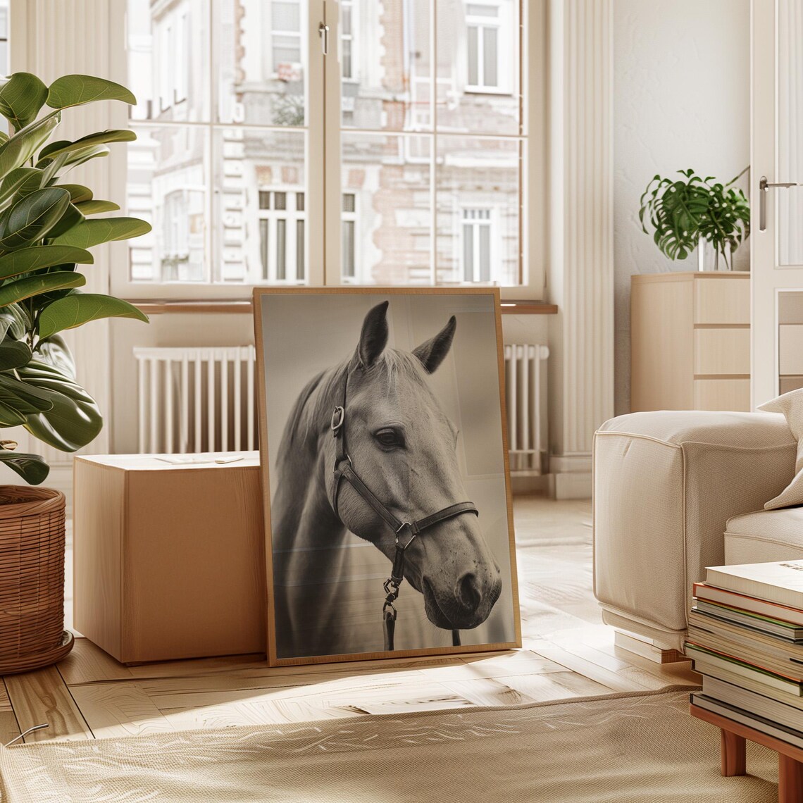 Black and White Horse Portrait with Halter Equestrian Photo Poster