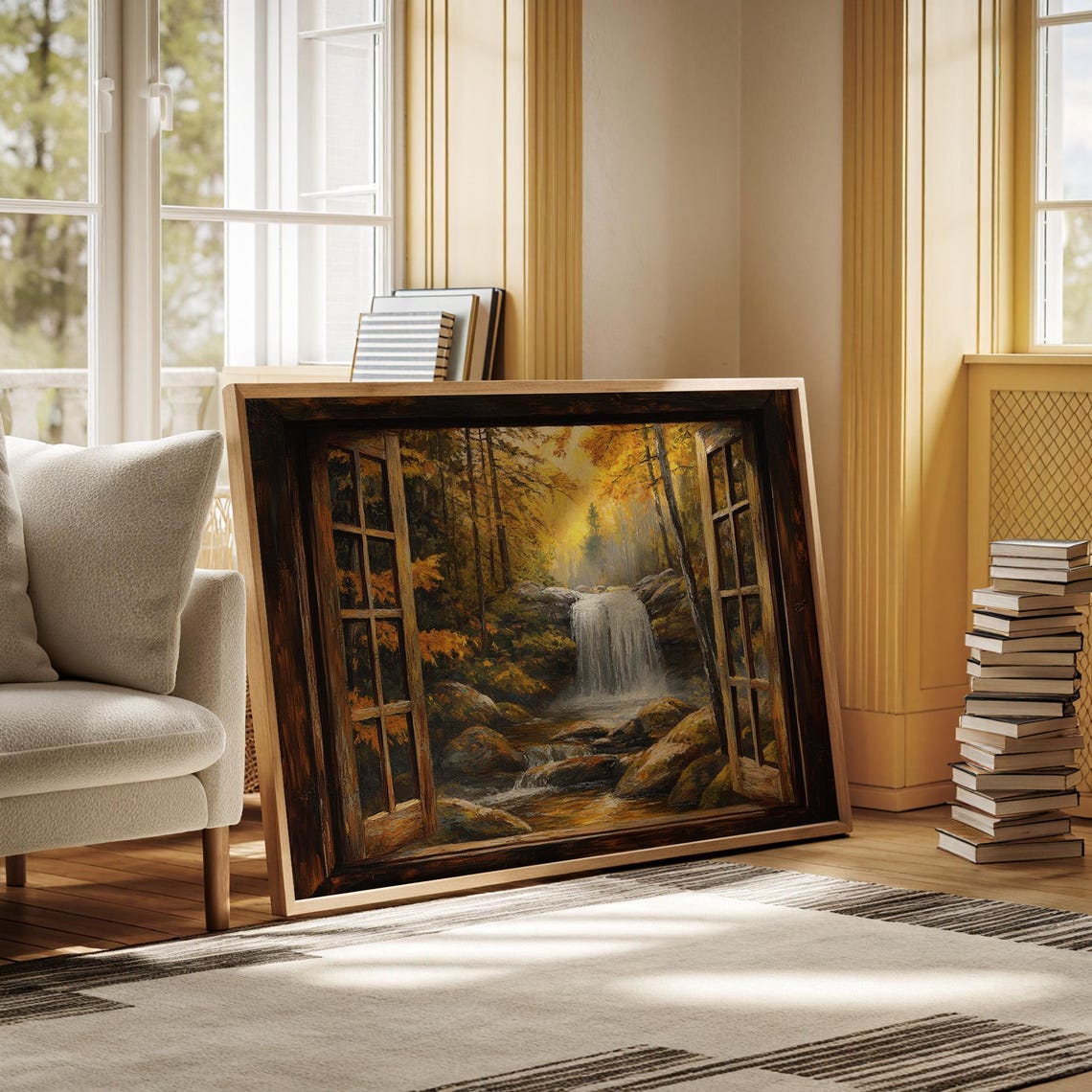 Open Rustic Window Autumn Waterfall Golden Forest View Wall Art - Image 2