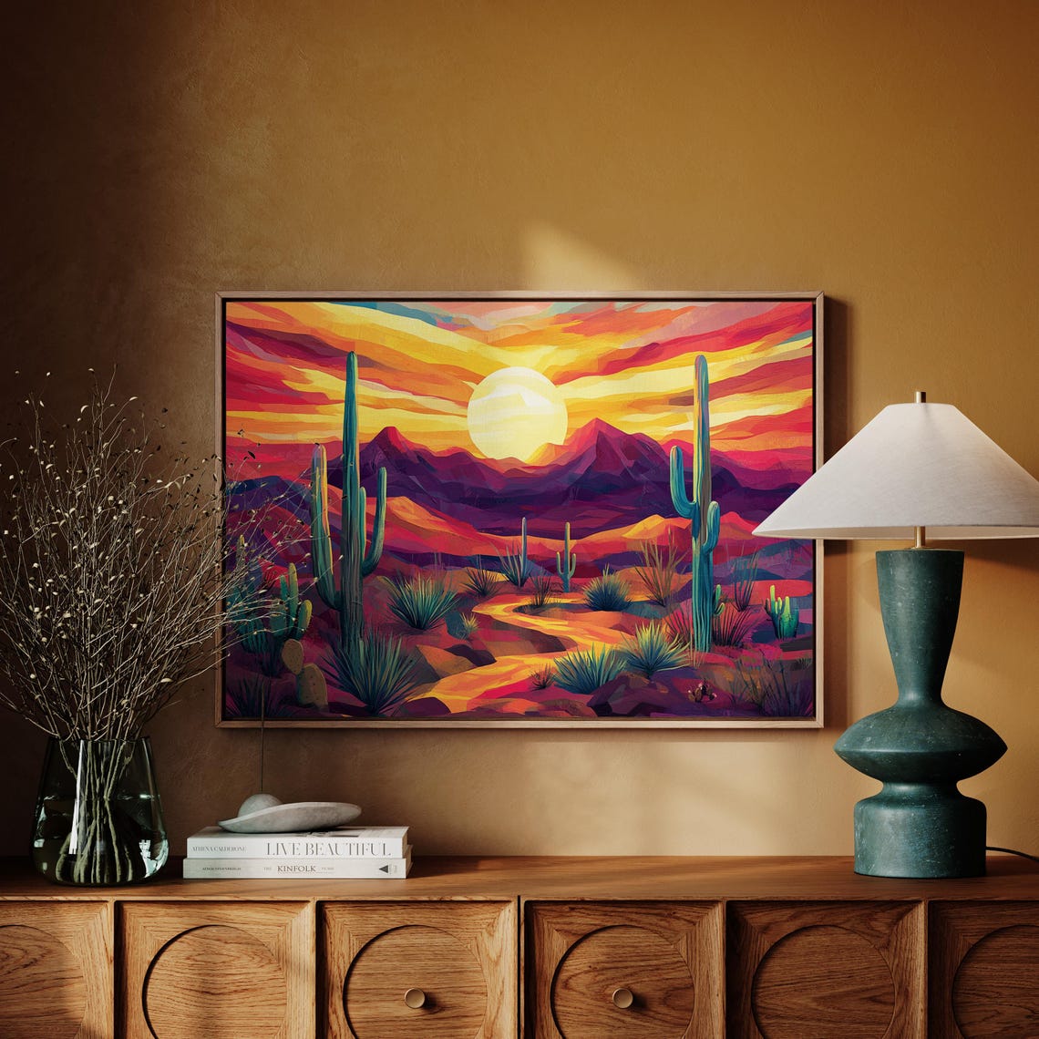Colorful Desert Sunset Cactus Mountains Big Sun Decor Poster - Image 3