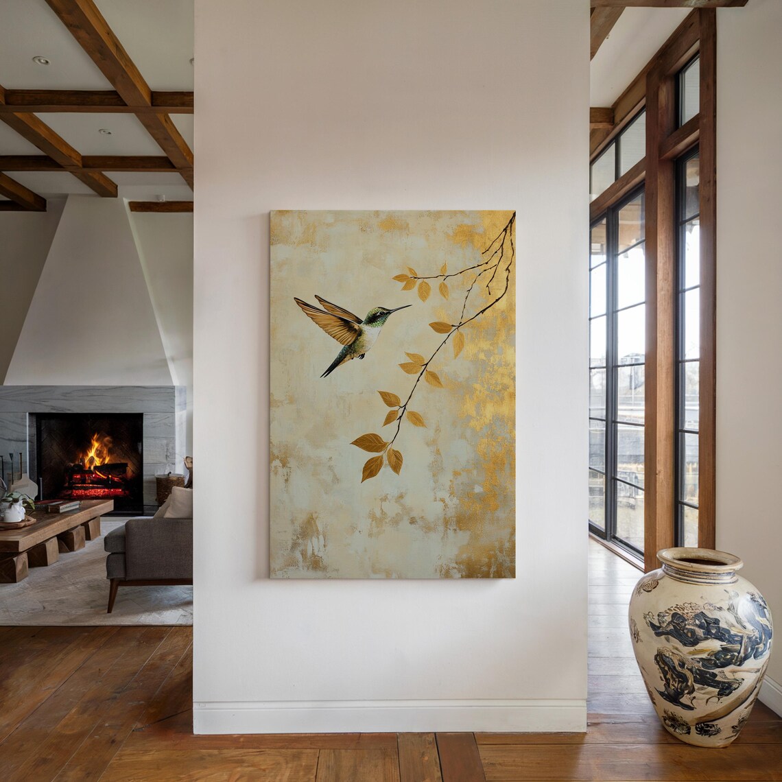 Hummingbird and Gold Leaf Minimalist Nature Art Print - Image 6
