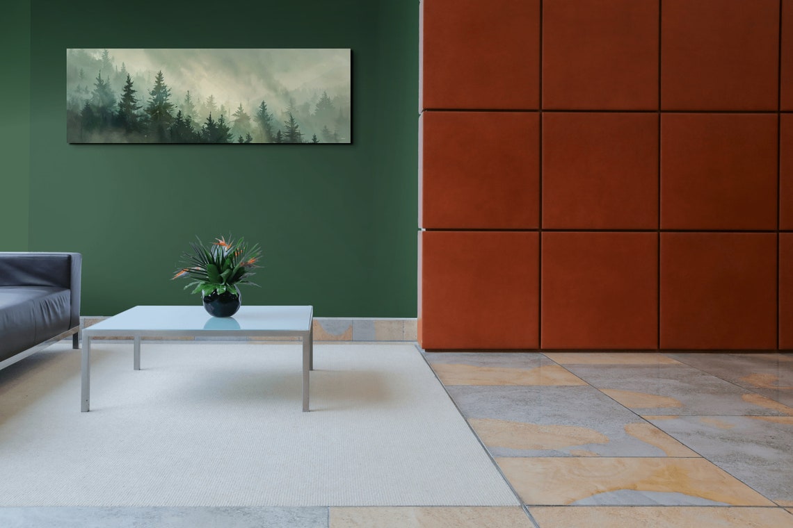Morning Fog Rolling Over a Misty Pine Forest Panoramic Wall Art - Image 5
