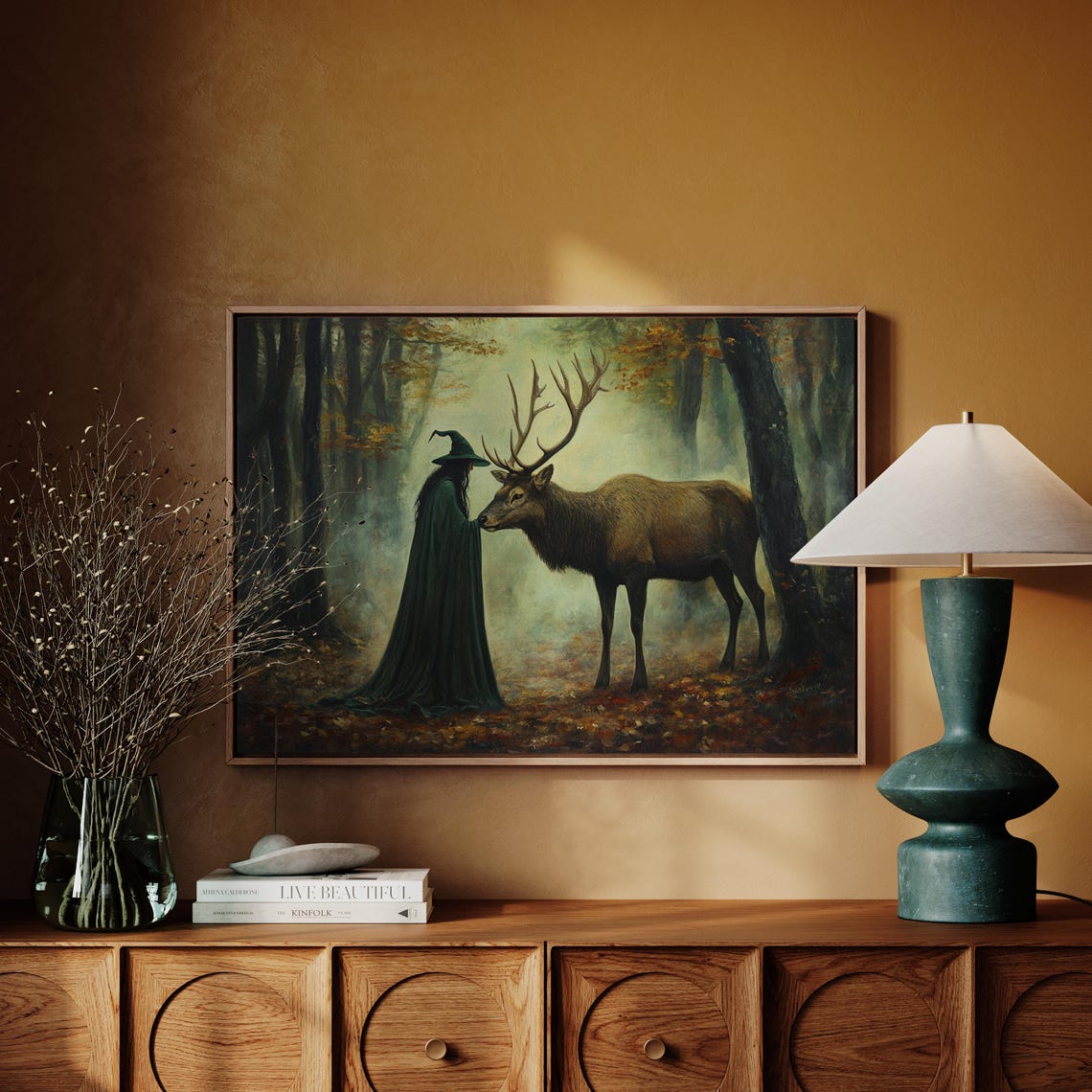 Witch Stag Dark Forest Autumn Mystical Enchanted Fantasy Art Poster - Image 3