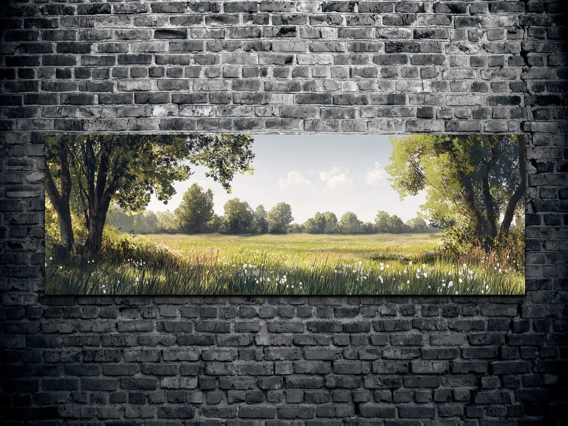 Serene Green Meadow Trees Tall Grass Panoramic Nature Poster - Image 2