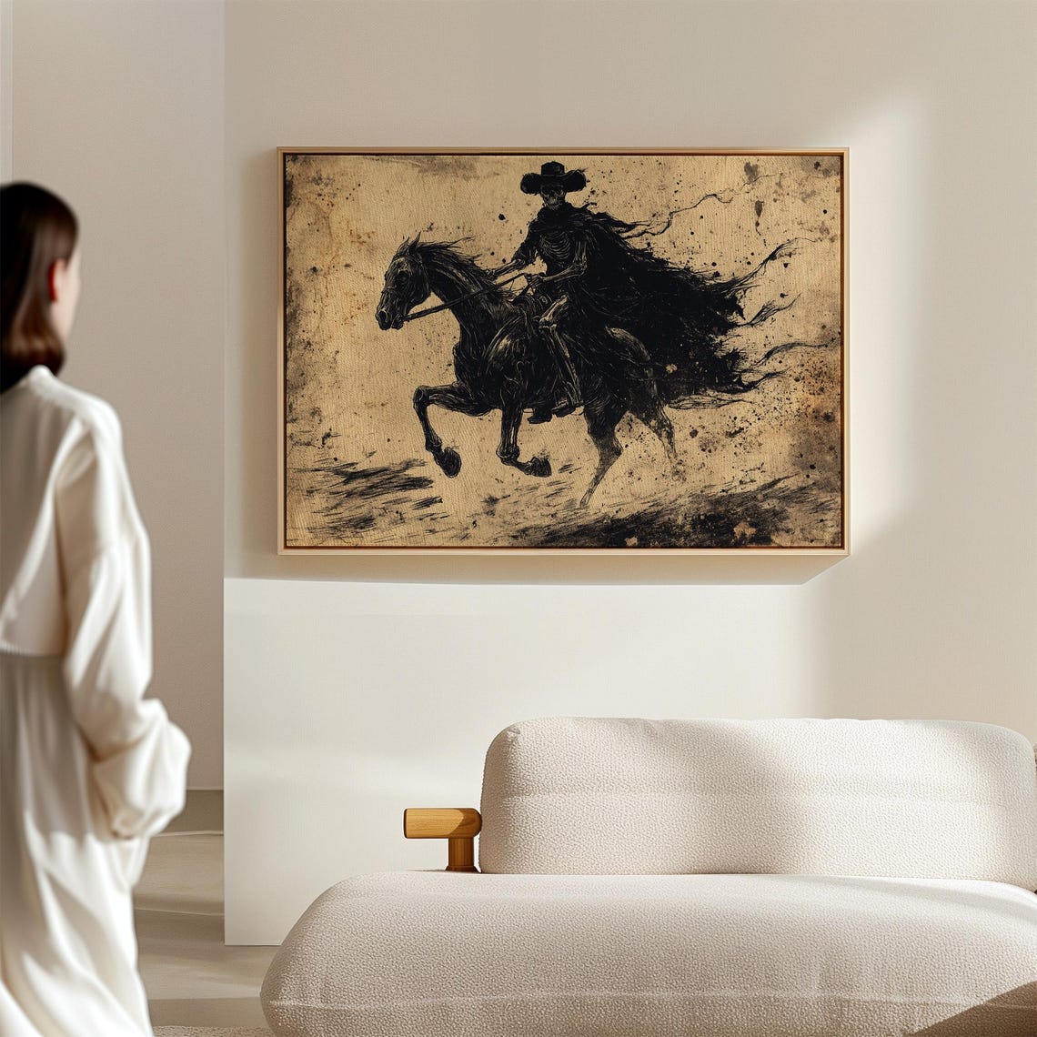 Skeleton Cowboy Riding Horse On Aged Parchment Dark Western Ink Poster - Image 7