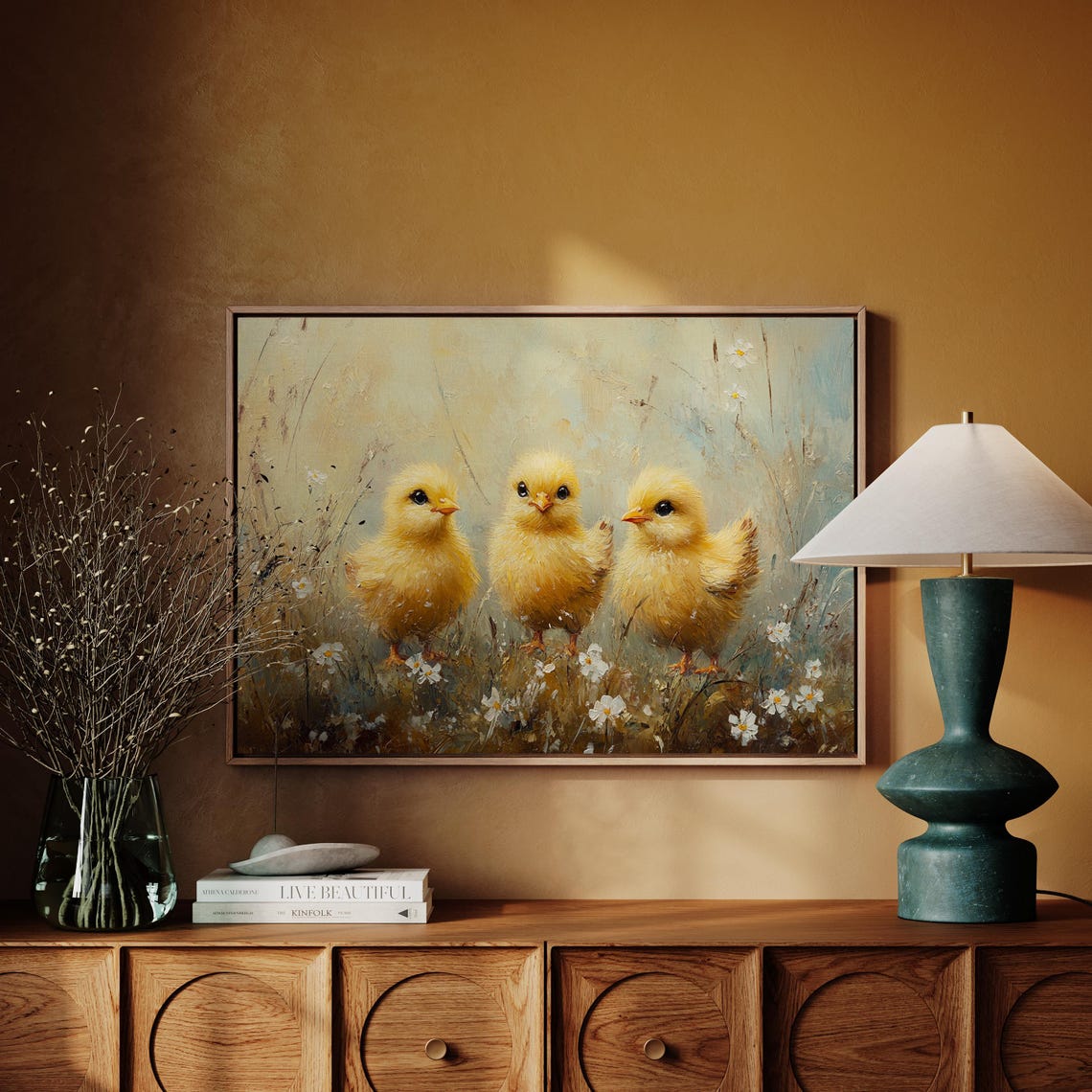 Three Fluffy Yellow Chicks In Daisy Field Adorable Spring Wall Art - Image 4