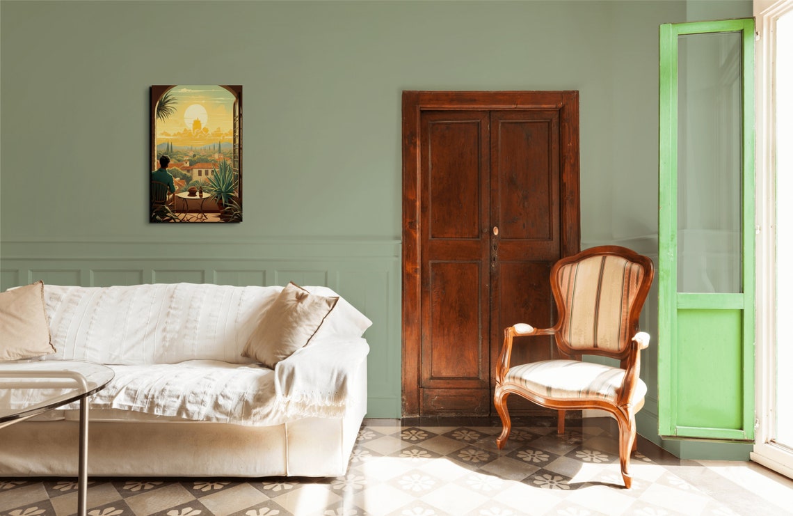 Sunlit Balcony Overlooking Mediterranean Old Town Scene Poster - Image 6