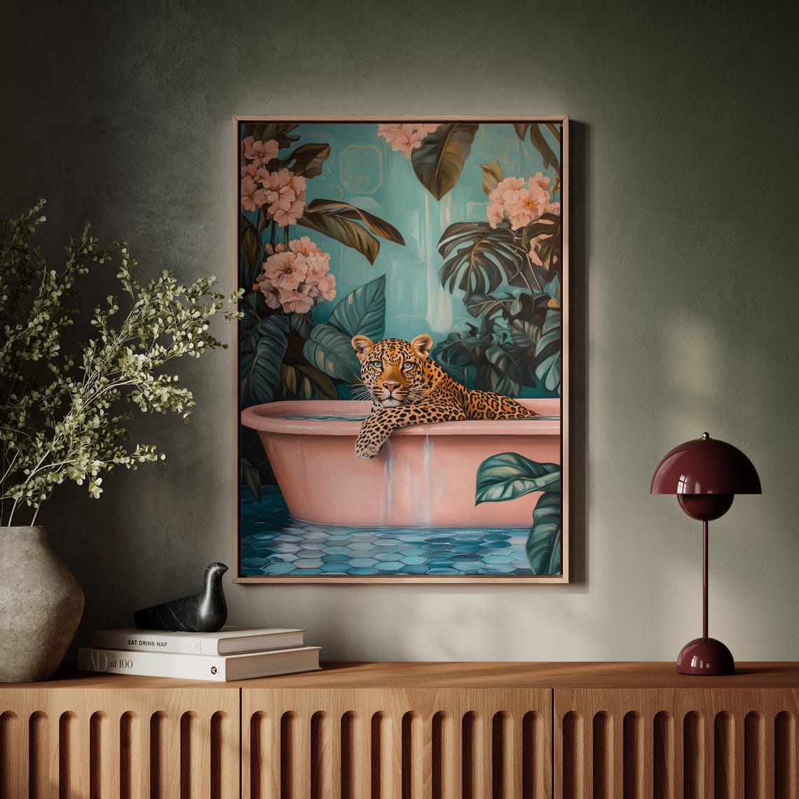 Leopard In Pink Tub Tropical Jungle Floral Bathroom Decor Poster - Image 7
