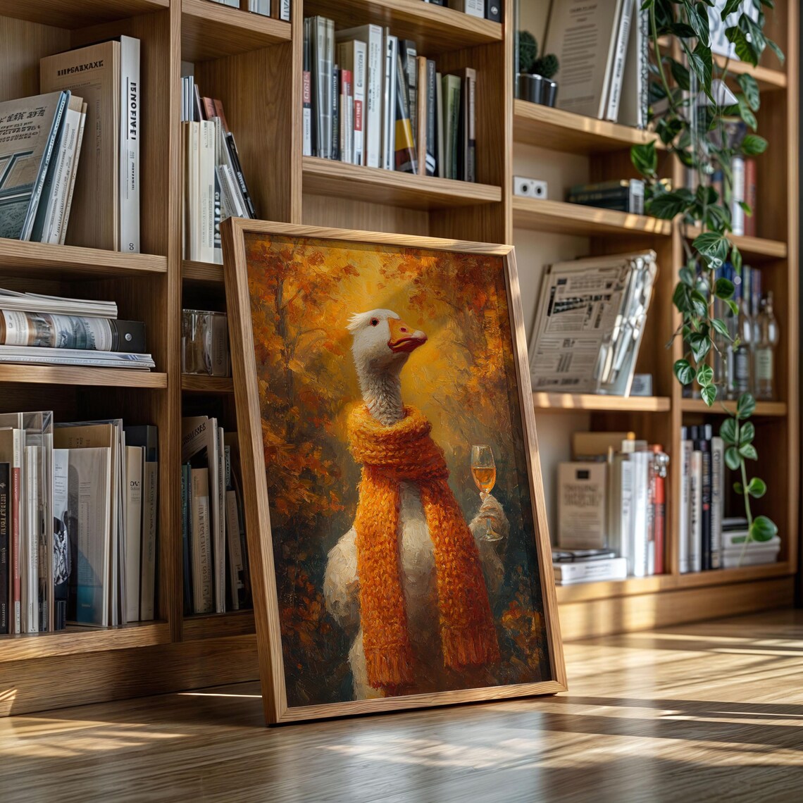 Goose In Orange Scarf With Wine Glass Autumn Oil Painting Wall Poster