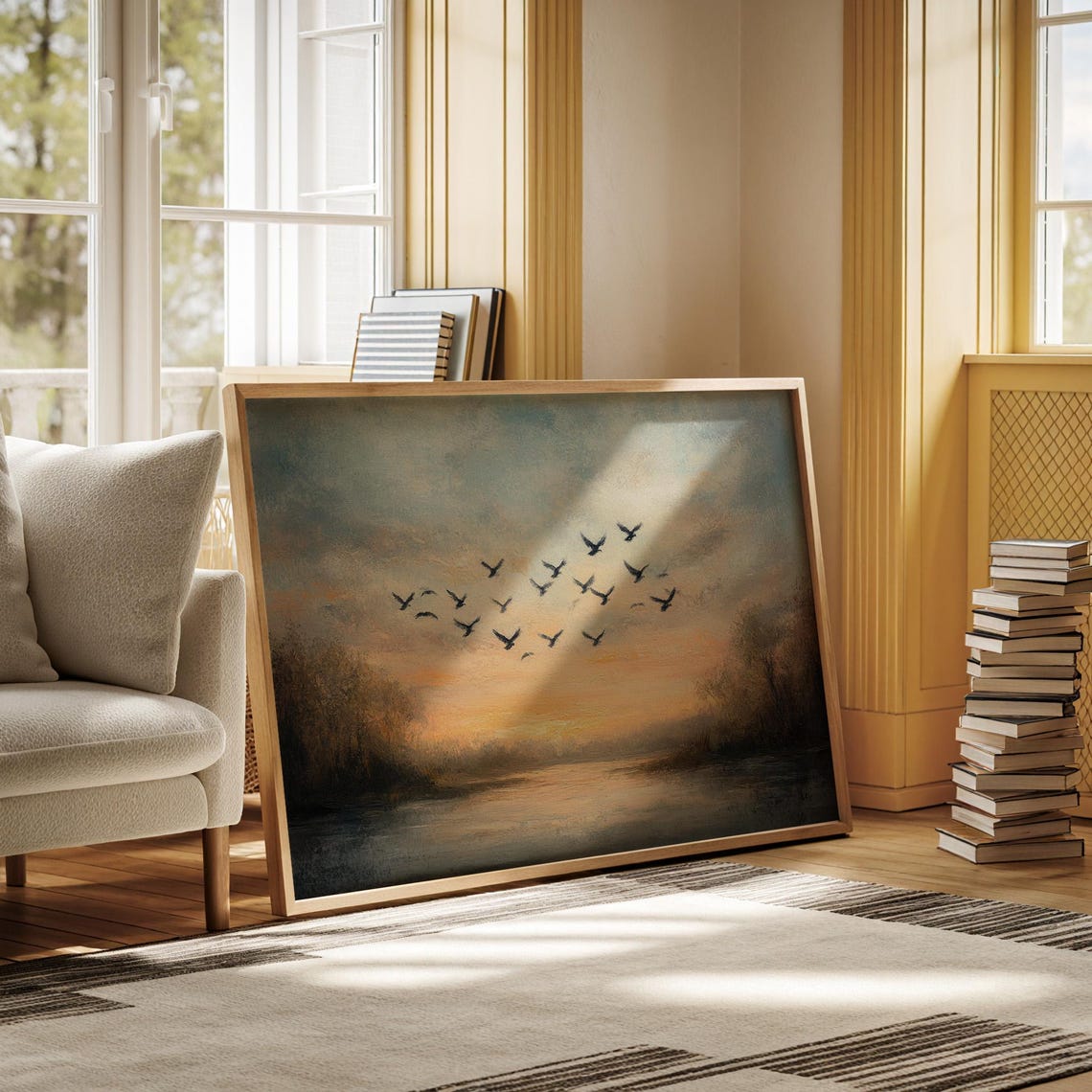 Sunset Birds Flock Over Lake Golden Sky Tranquil Wildlife Poster