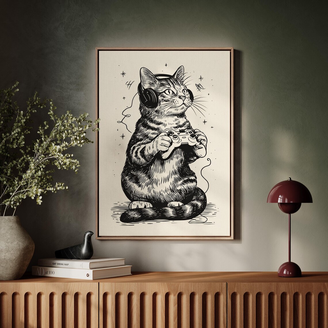 Gamer Cat With Headphones And Controller Art Print