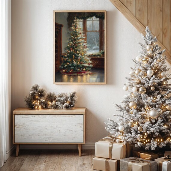 Glowing Christmas Tree by Frosty Window Vintage Holiday Art Poster