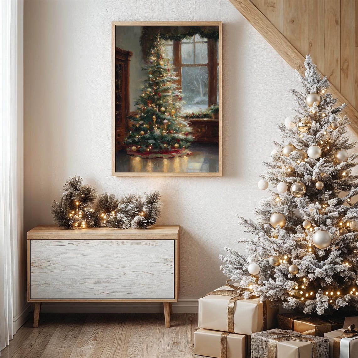 Glowing Christmas Tree by Frosty Window Vintage Holiday Art Poster