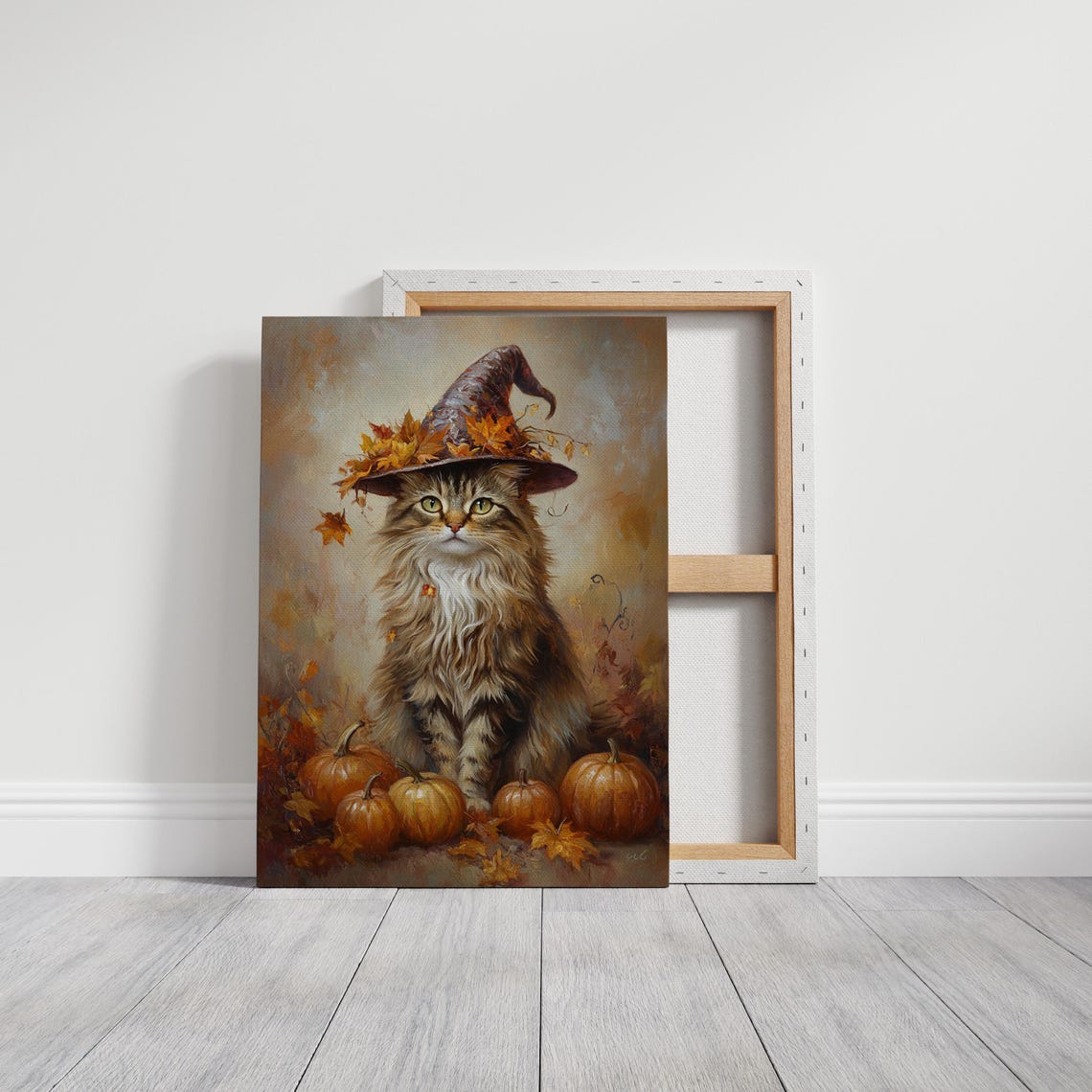Fluffy Cat in Witch Hat with Pumpkins Autumn Fall Halloween Art Poster - Image 2