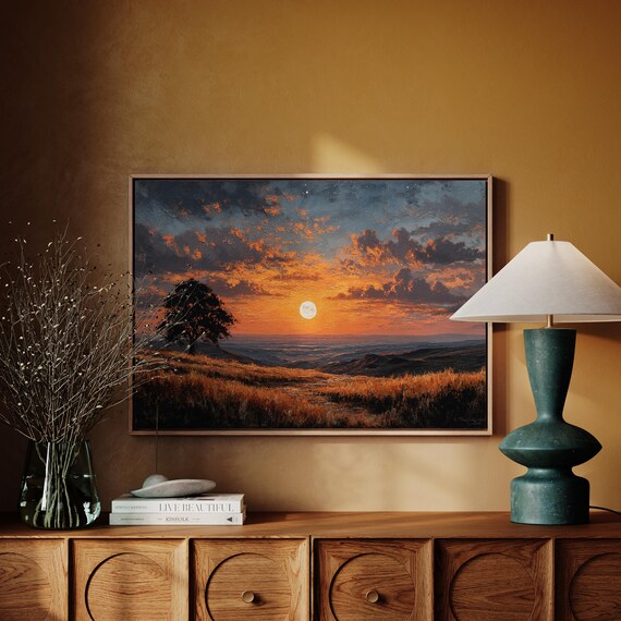 Full Moon Rising Over Golden Fields Serene Autumn Evening Poster