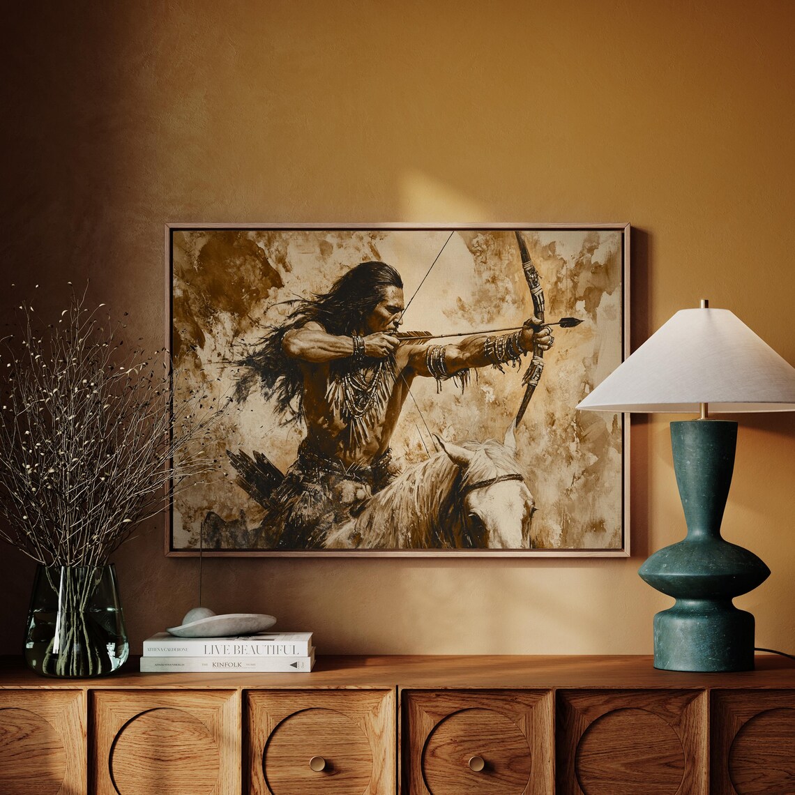 Native Warrior Archer On Horseback, Rustic Boho Wall Art - Image 3