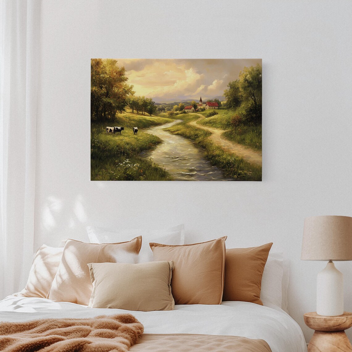 Vintage Farm River Landscape, Rustic Pastoral Scene - Image 4
