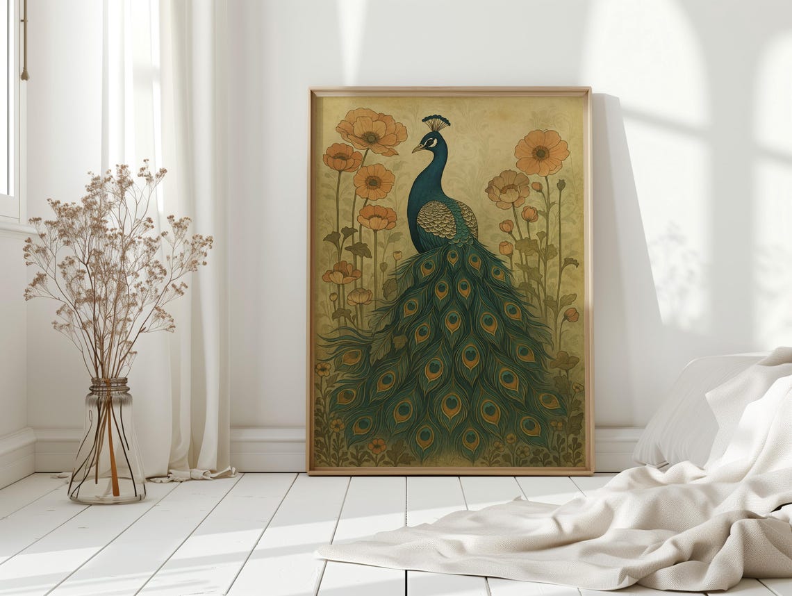 Peacock and Golden Poppy Botanical Vintage Print for Classic Rooms