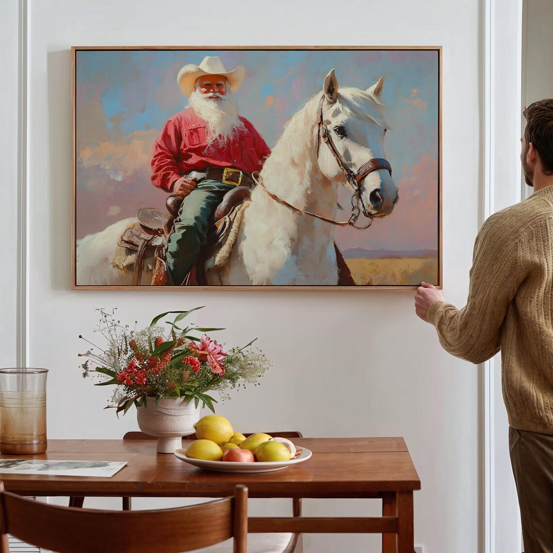 Cowboy Santa On White Horse Vintage Christmas Western Art Poster - Image 4