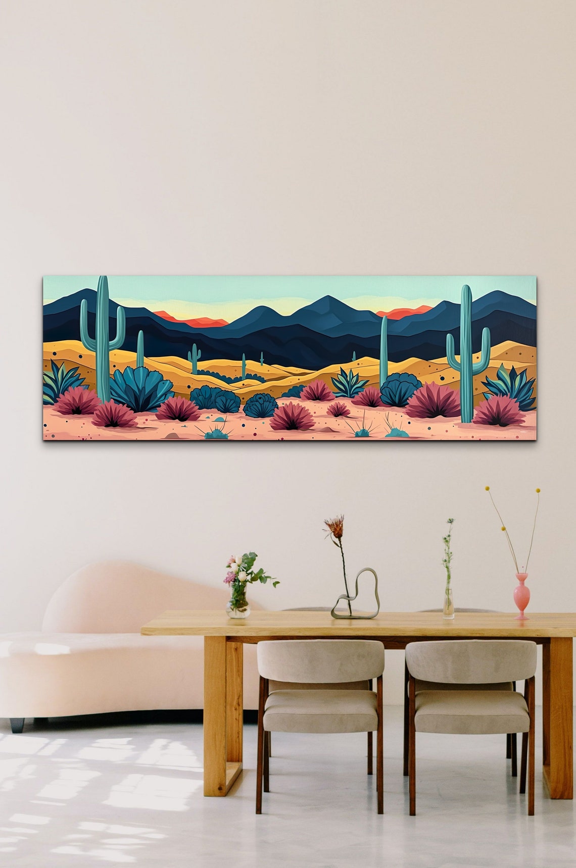 Panoramic Desert Cactus Colorful Pink Blue Modern Decor Wall Art