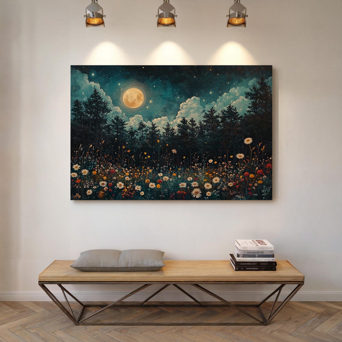 Full Moon Over Moonlit Forest And Wildflower Meadow Night Poster - Image 6
