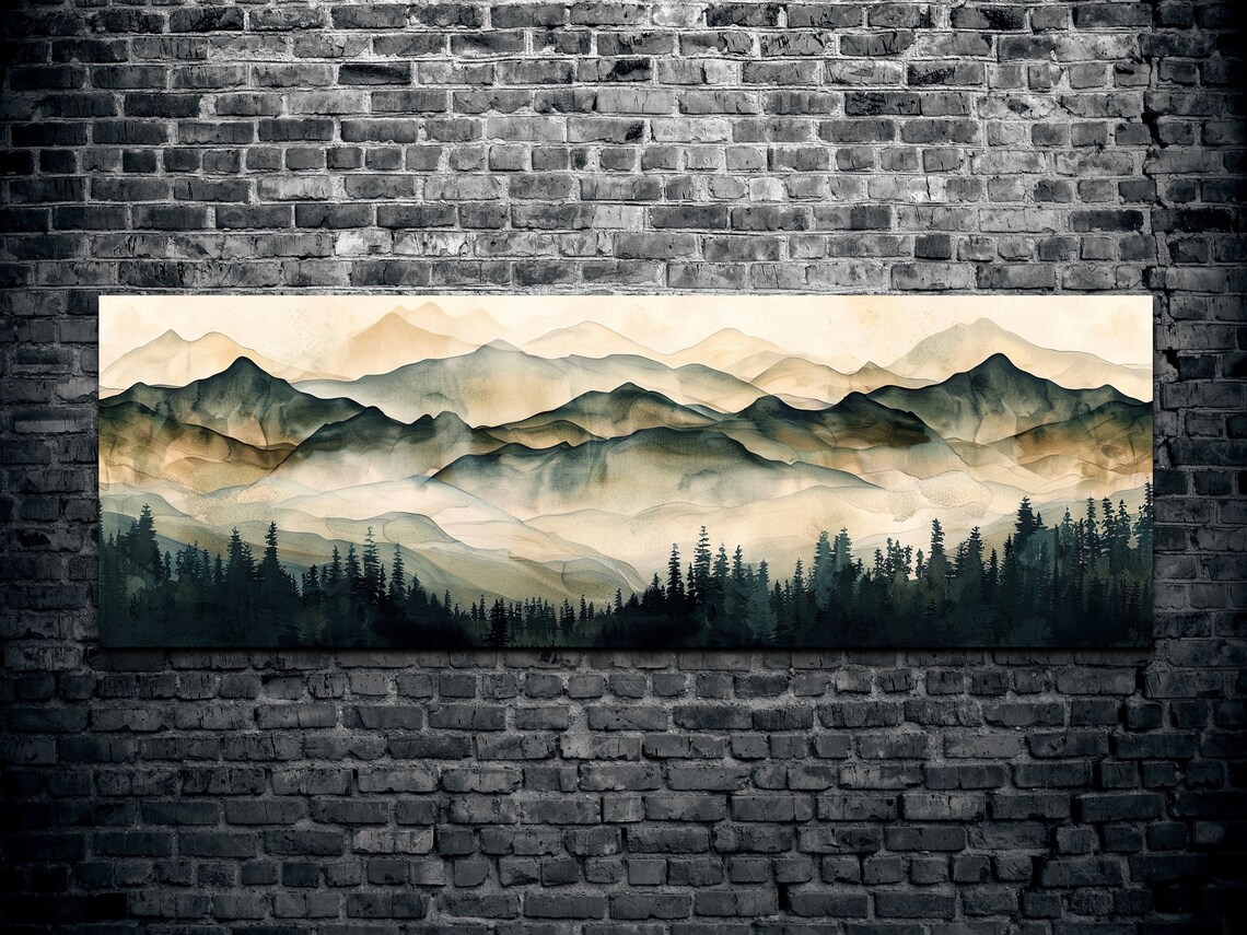 Geometric Smokey Tree-Lined Mountain Range Art Print - Image 2