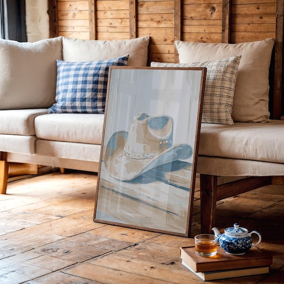 Abstract Beige Blue Cowboy Hat Minimalist Modern Western Wall Art