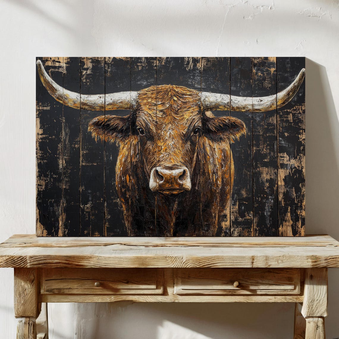 Rustic Longhorn Cow Head Portrait On Dark Wood Panel Farmhouse Poster