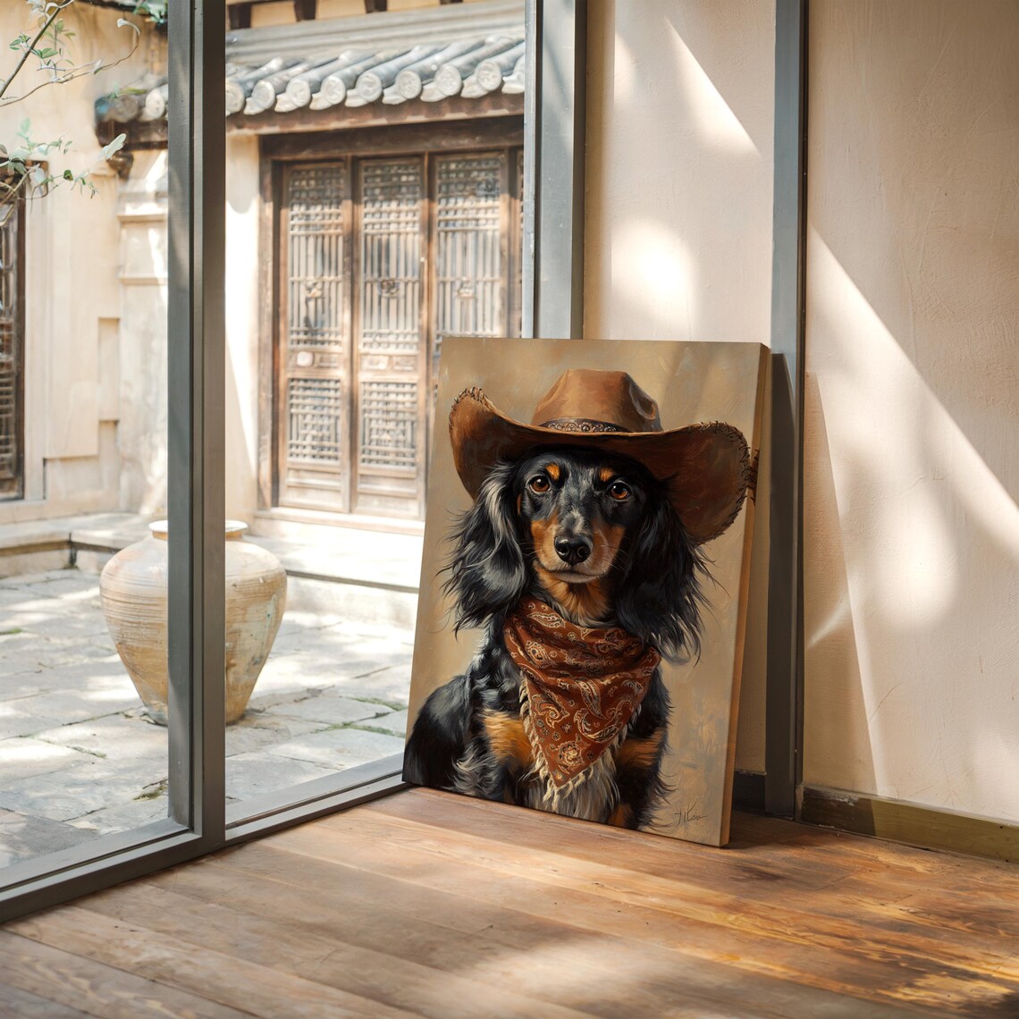 Cowboy Dachshund Western Dog Portrait, Rustic Art Print - Image 5