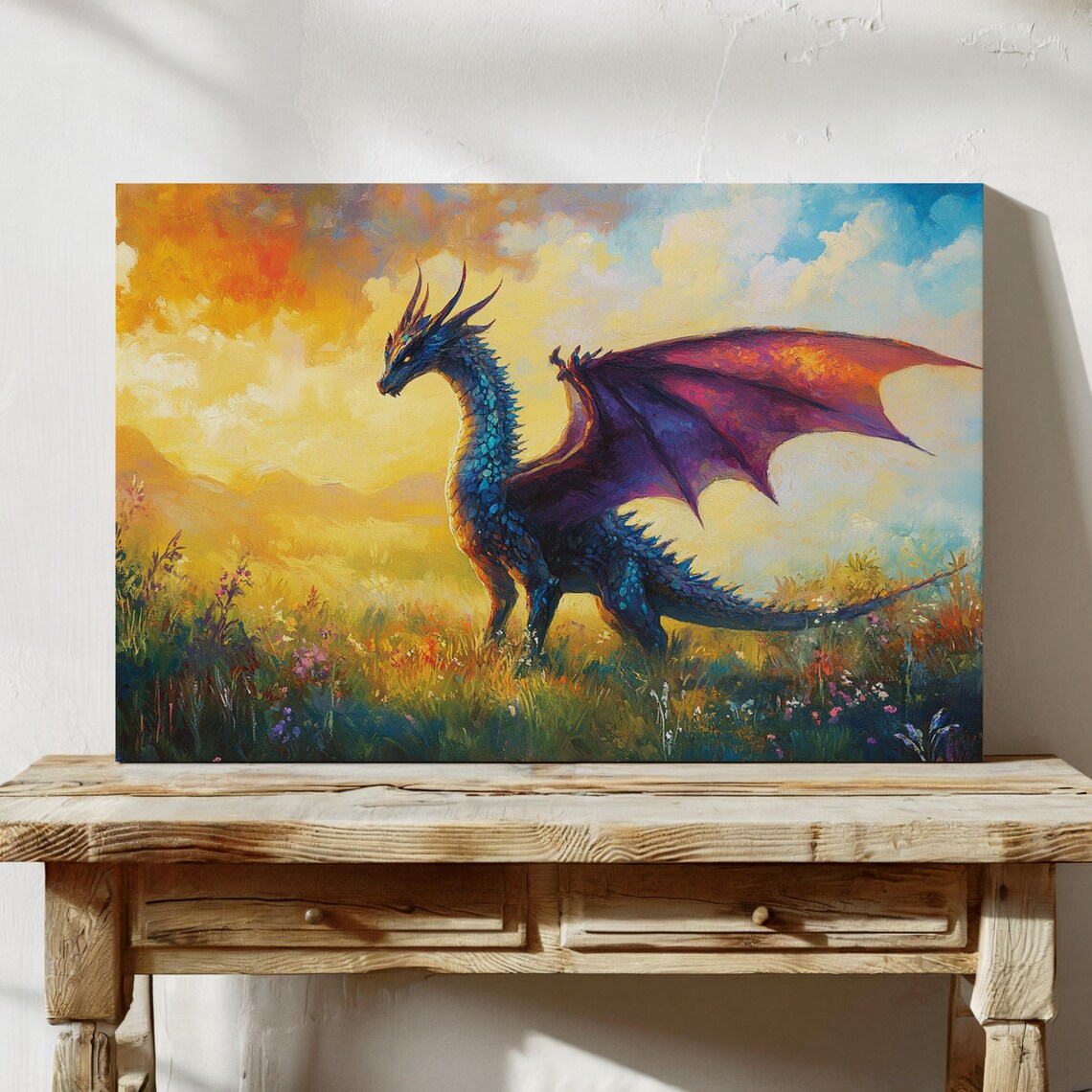 Teal Dragon with Magenta Wings Golden Meadow Fantasy Art Print - Image 7