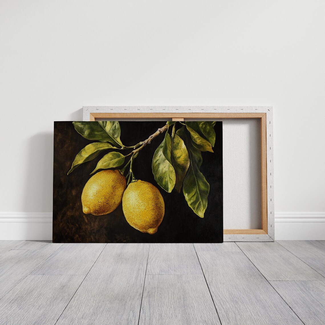 Pair of Ripe Lemons Hanging from Leafy Branch Dark Oil Poster - Image 3