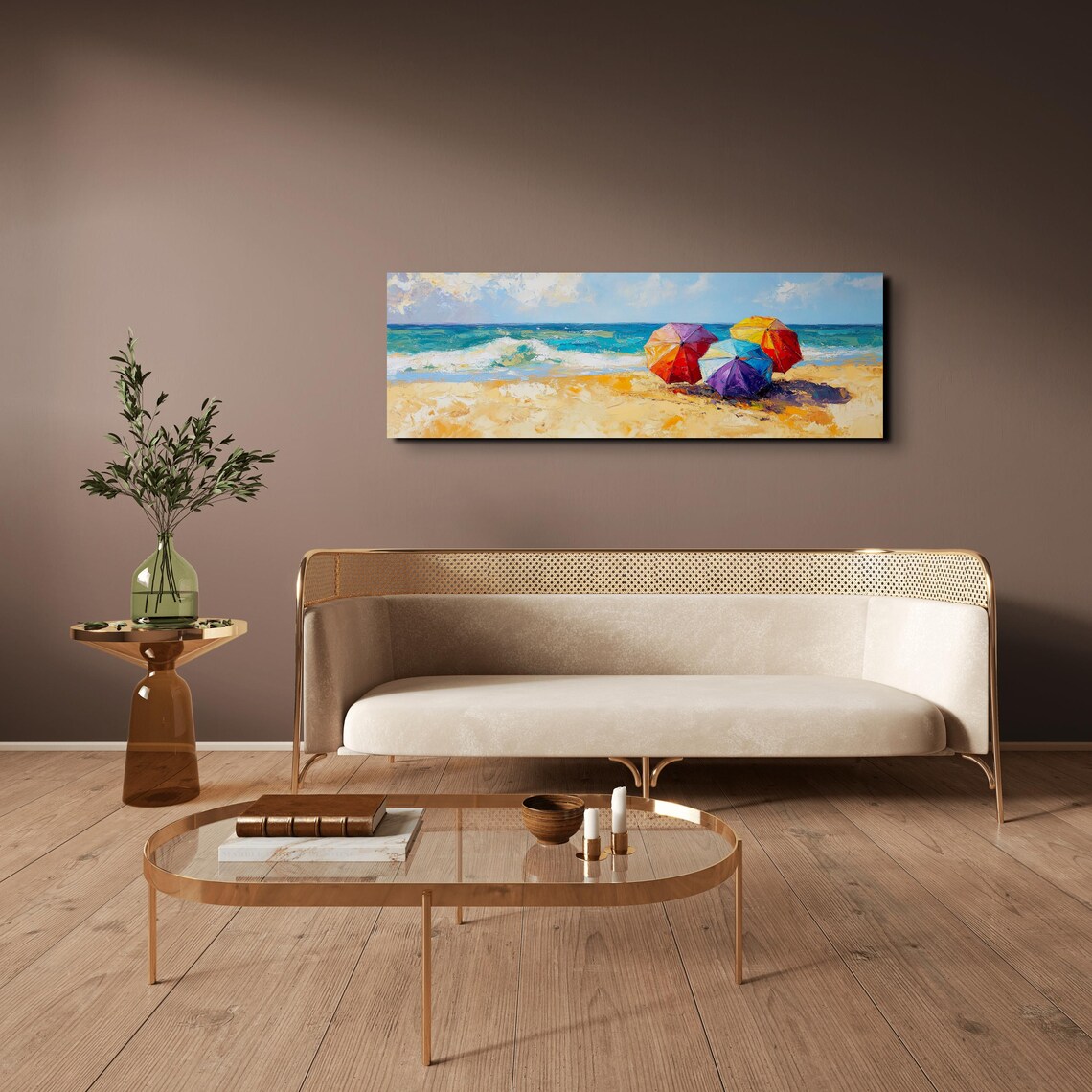 Beach Parasols Oil Painting, Panoramic Beach Scene - Image 7