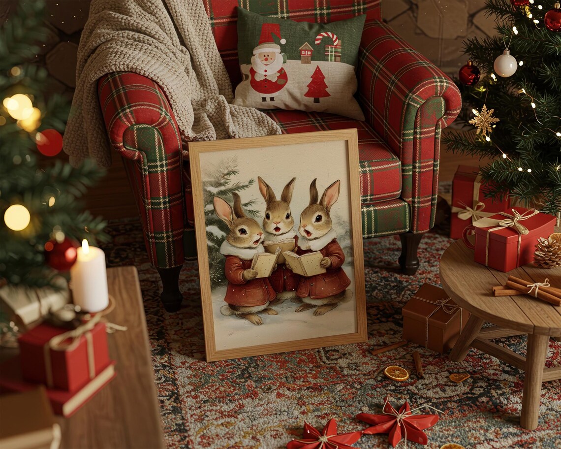 Christmas Bunnies Singing Carols Vintage Holiday Animal Poster