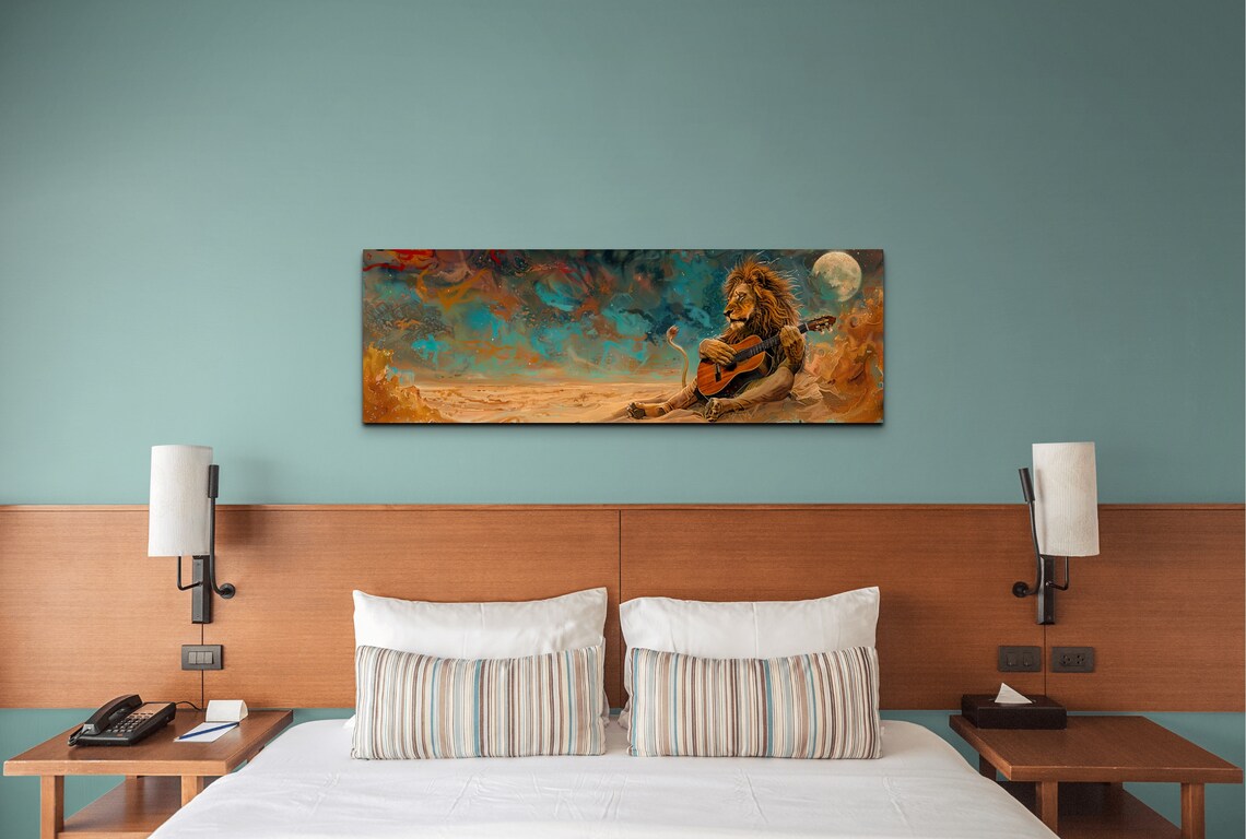 Lion Playing Guitar Under Full Moon In Dreamy Cosmic Desert Panoramic Print - Image 7