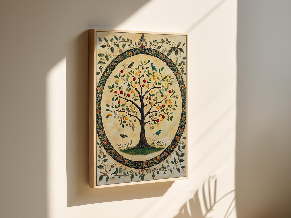 Folk Art Tree of Life Colorful Birds Fruit Oval Ornamental Wall Poster - Image 3