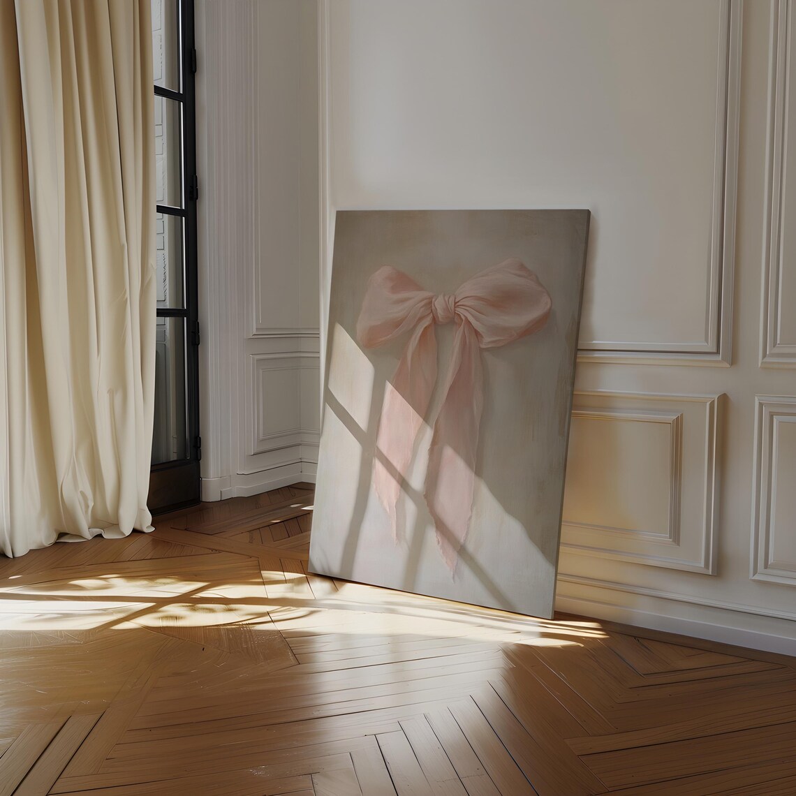 Soft Pink Silk Bow Painting Elegant Feminine Ribbon Wall Art - Image 2