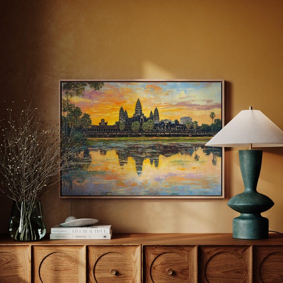 Angkor Wat Print Cambodia Temple Wall Art Sunrise Reflection Painting Asian Landscape Decor Historic Architecture Art