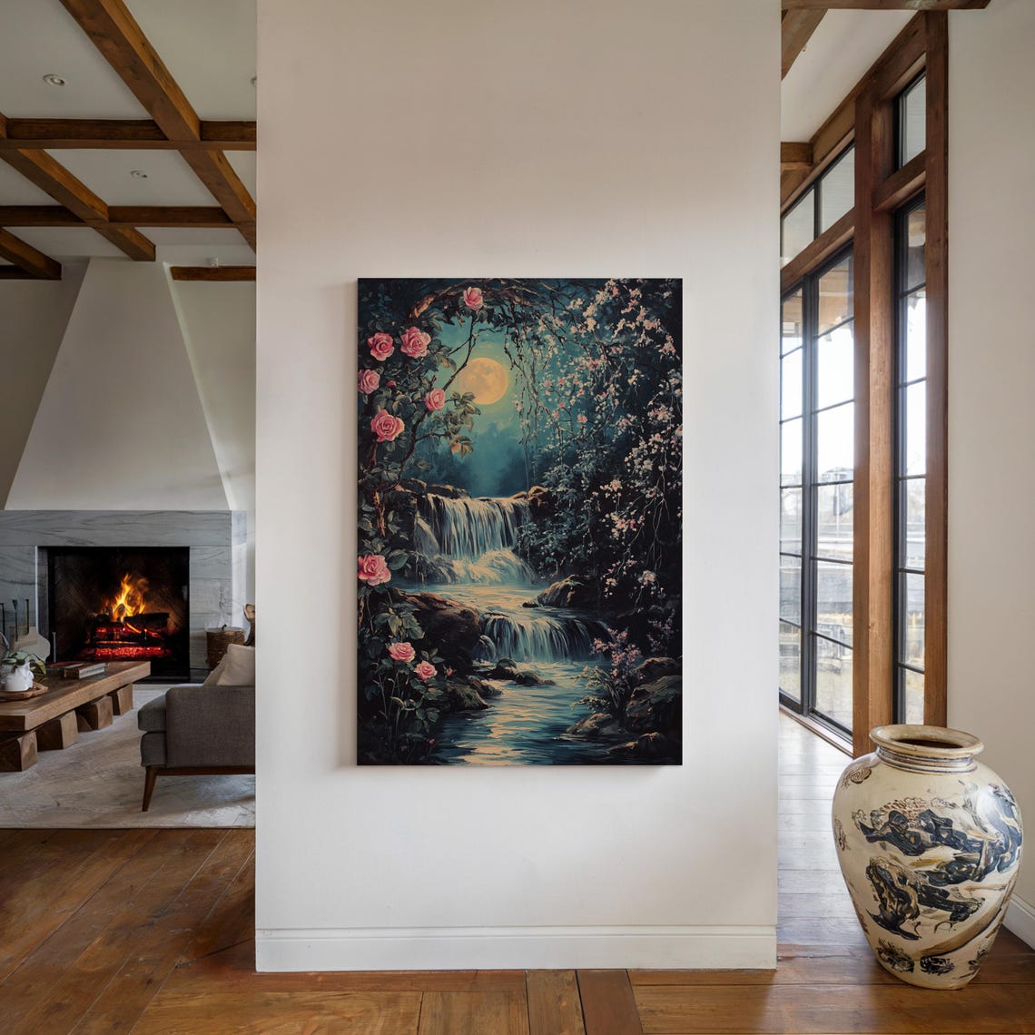 Moonlit Waterfall With Roses Romantic Floral Night Scene Art Poster - Image 4
